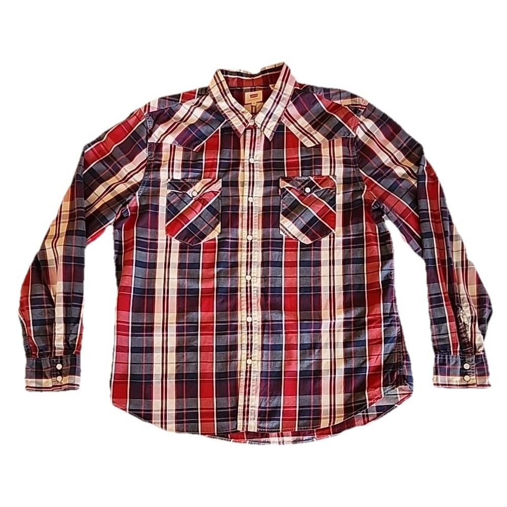 Levis Mens Pearl Snap Button Up‎ Shirt Size 2XL Red Plaid Western Cowboy Rodeo